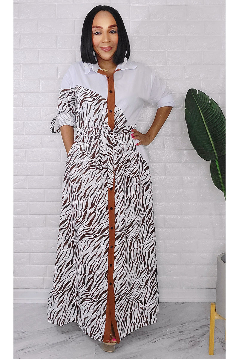 060923 Brown and White Zebra Print Button Maxi Dress UNIK-ELEGANCE 060923 Brown and White Zebra Print Button Maxi Dress UNIK-ELEGANCE