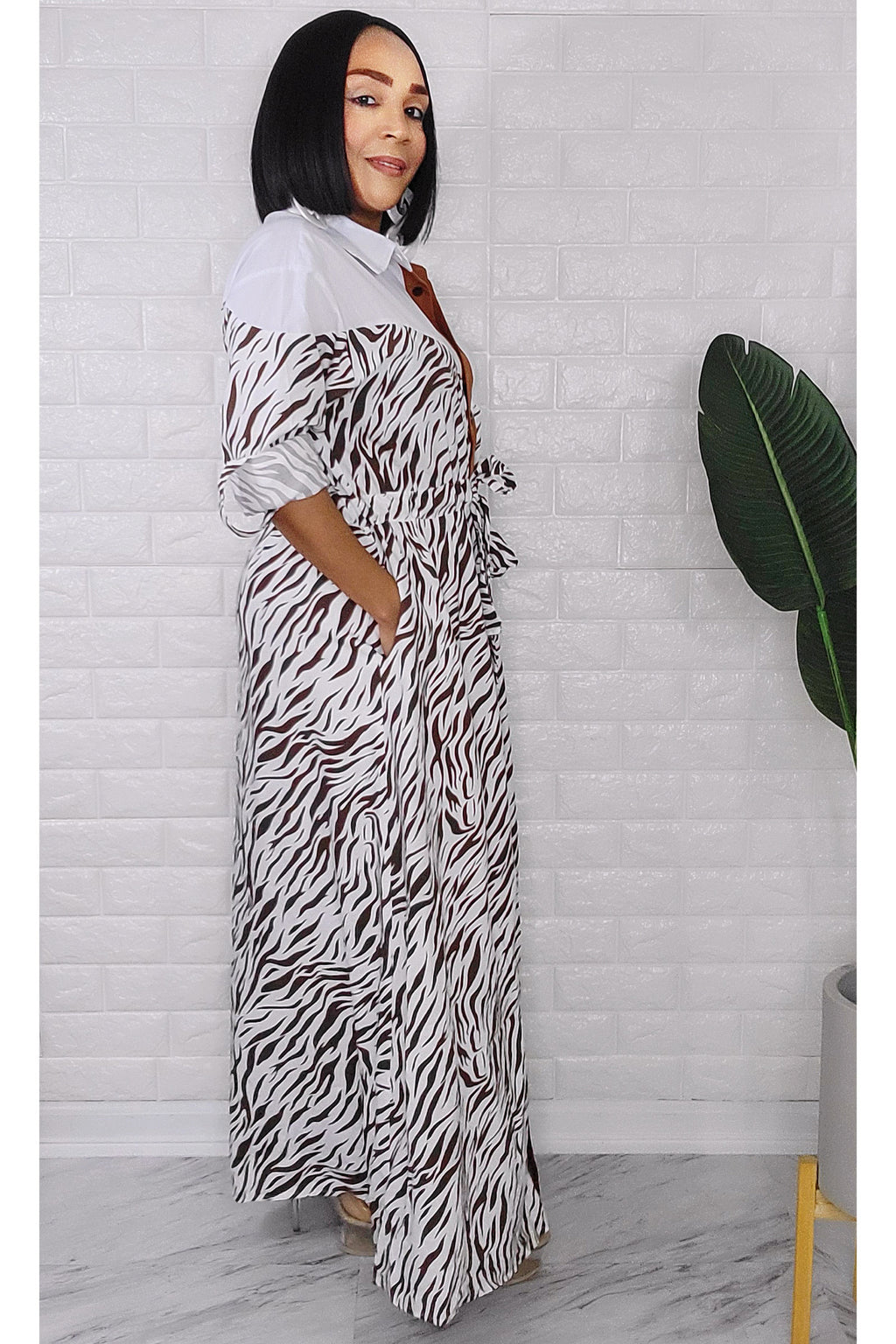 060923 Brown and White Zebra Print Button Maxi Dress