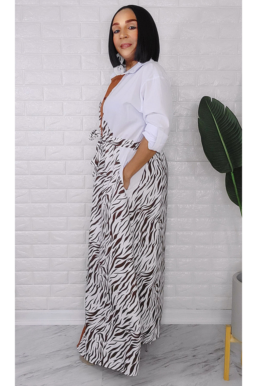 060923 Brown and White Zebra Print Button Maxi Dress