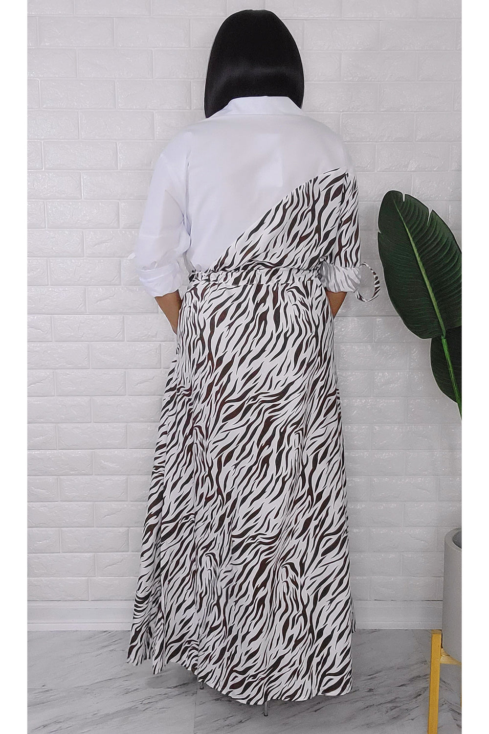 060923 Brown and White Zebra Print Button Maxi Dress