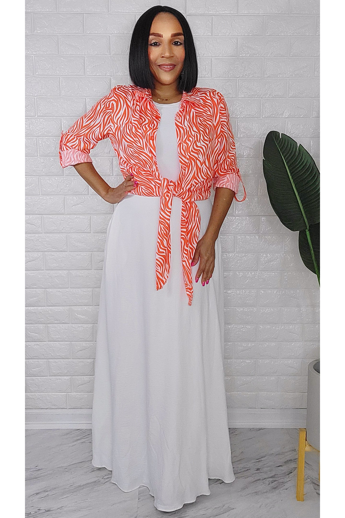060923 White Maxi Dress with Orange Zebra Print Top