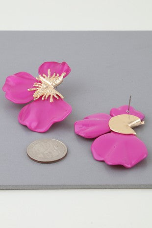 051426 Gold Fuschia Multi Petal Blossom Earrings