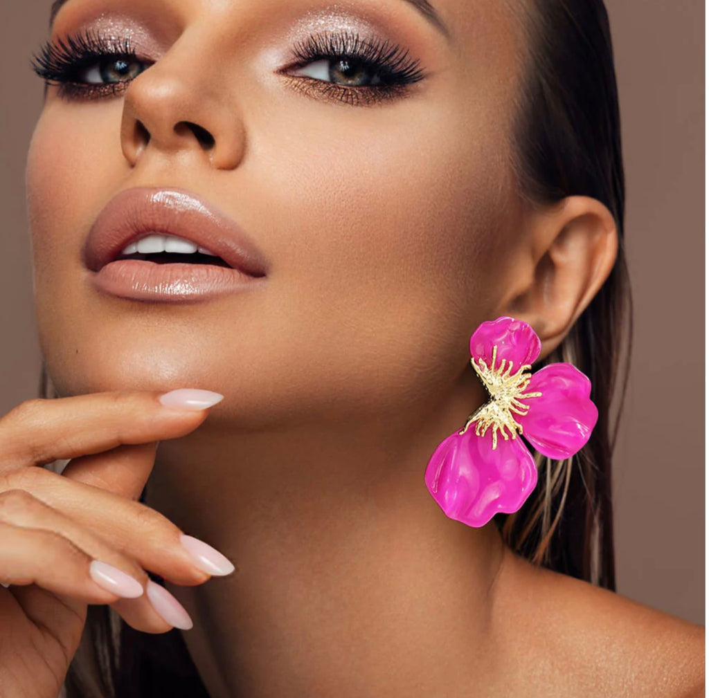 051426 Gold Fuschia Multi Petal Blossom Earrings
