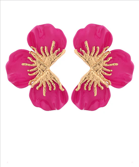 051426 Gold Fuschia Multi Petal Blossom Earrings