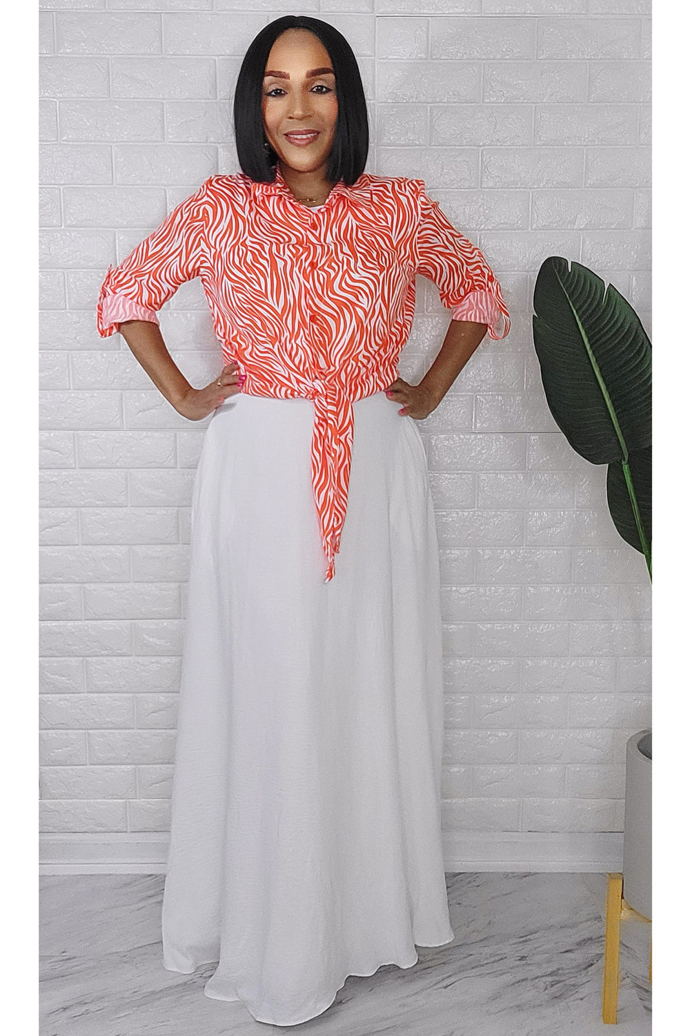 060923 White Maxi Dress with Orange Zebra Print Top