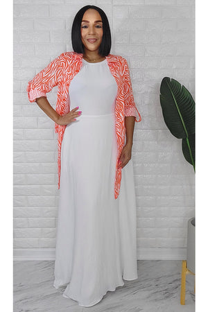 060923 White Maxi Dress with Orange Zebra Print Top