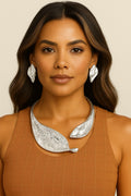 112425 Silver Sculpted Leaf Necklace & Earring Set