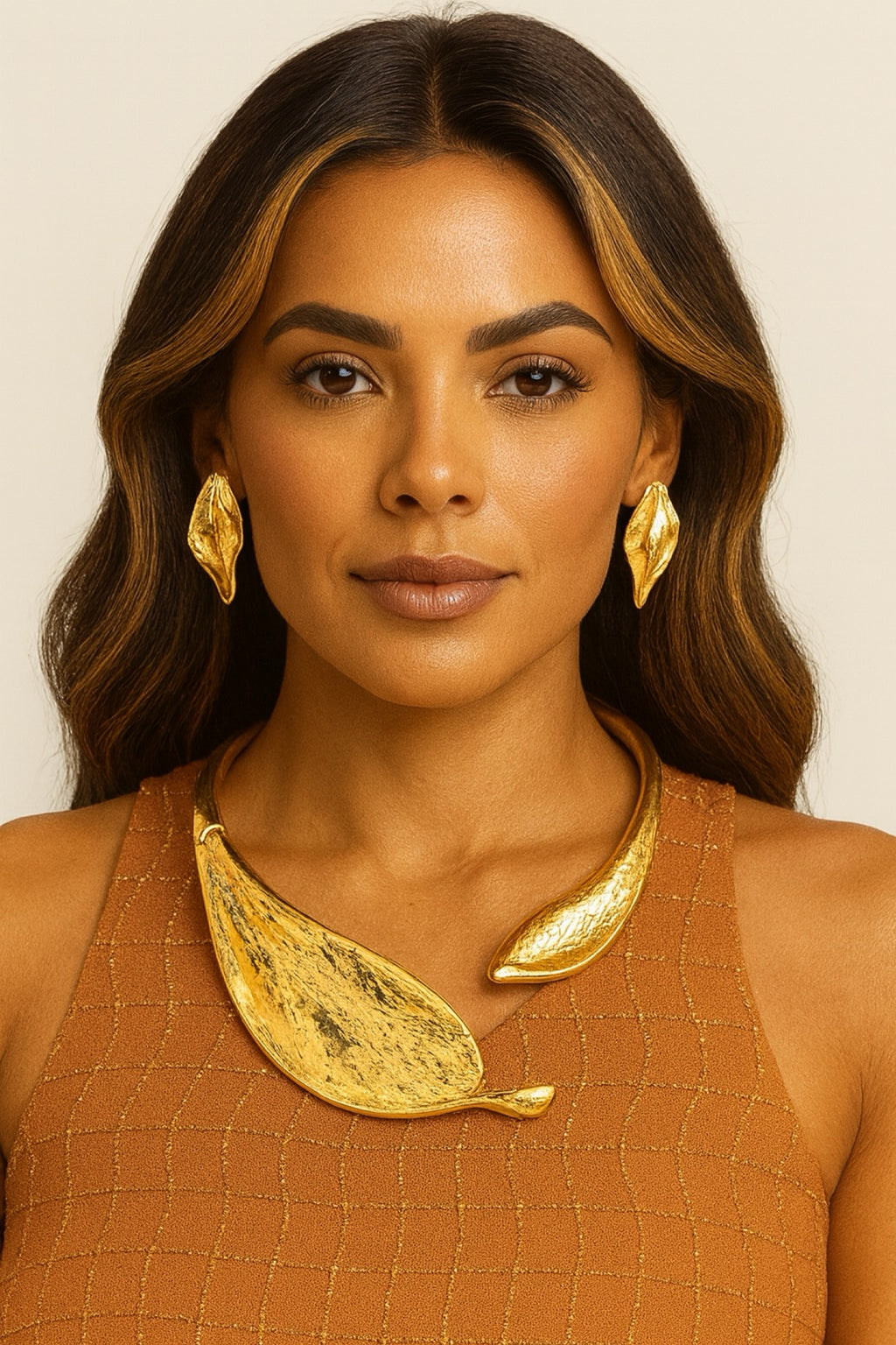 112425 Gold Sculpted Leaf Necklace & Earring Set PREORDER