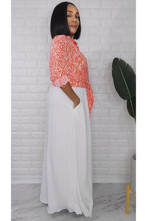 060923 White Maxi Dress with Orange Zebra Print Top