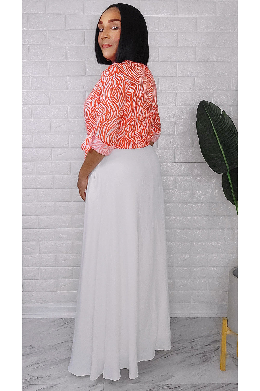 060923 White Maxi Dress with Orange Zebra Print Top