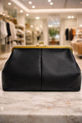 Grace Raffia Oversized Kiss Lock Clutch -  Black
