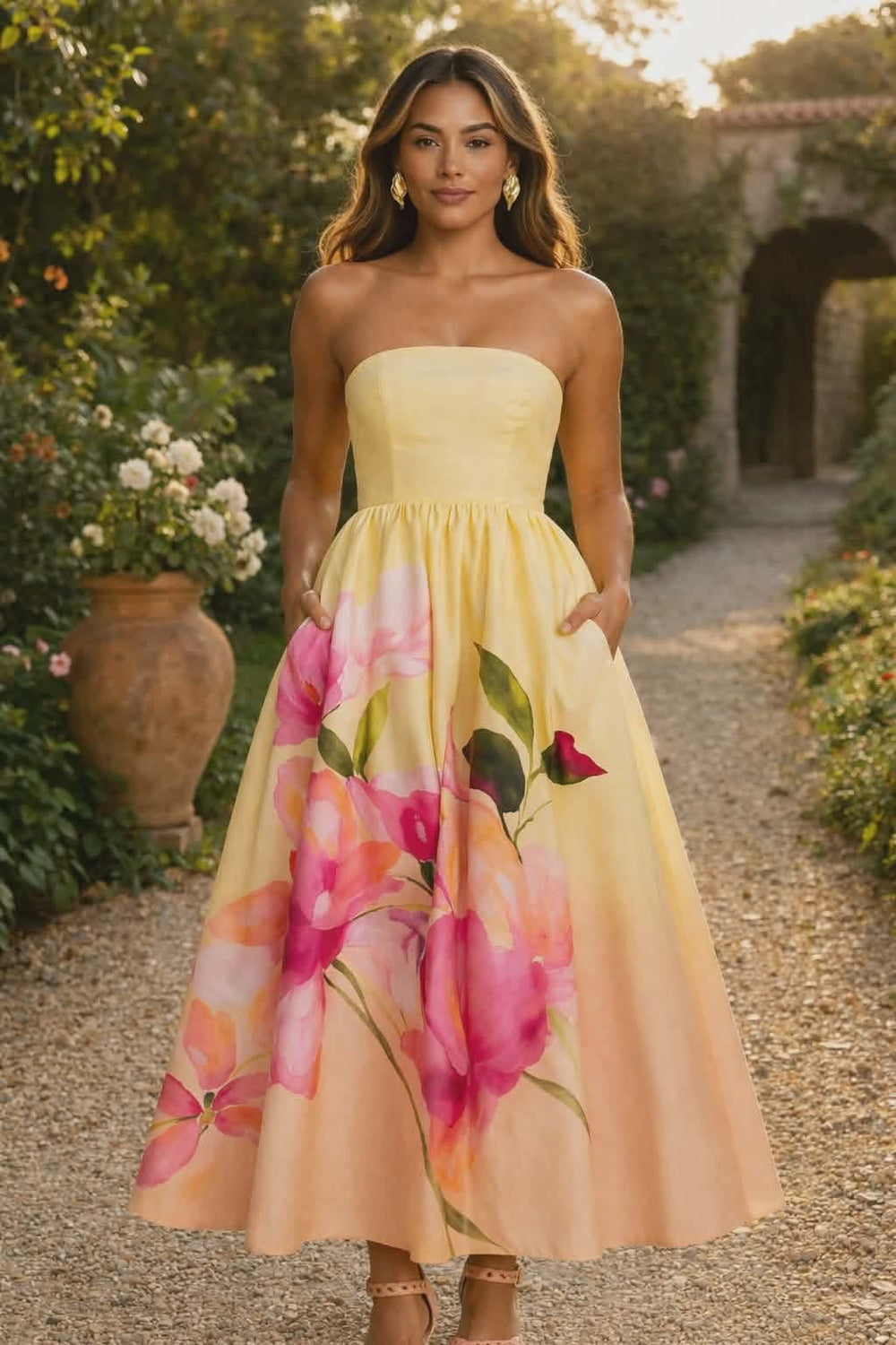 042226 Yellow Garden Strapless Maxi dress