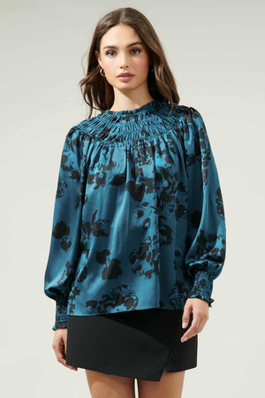 040925 Spring Teal Black Florals V Mock Neck Smock Blouse