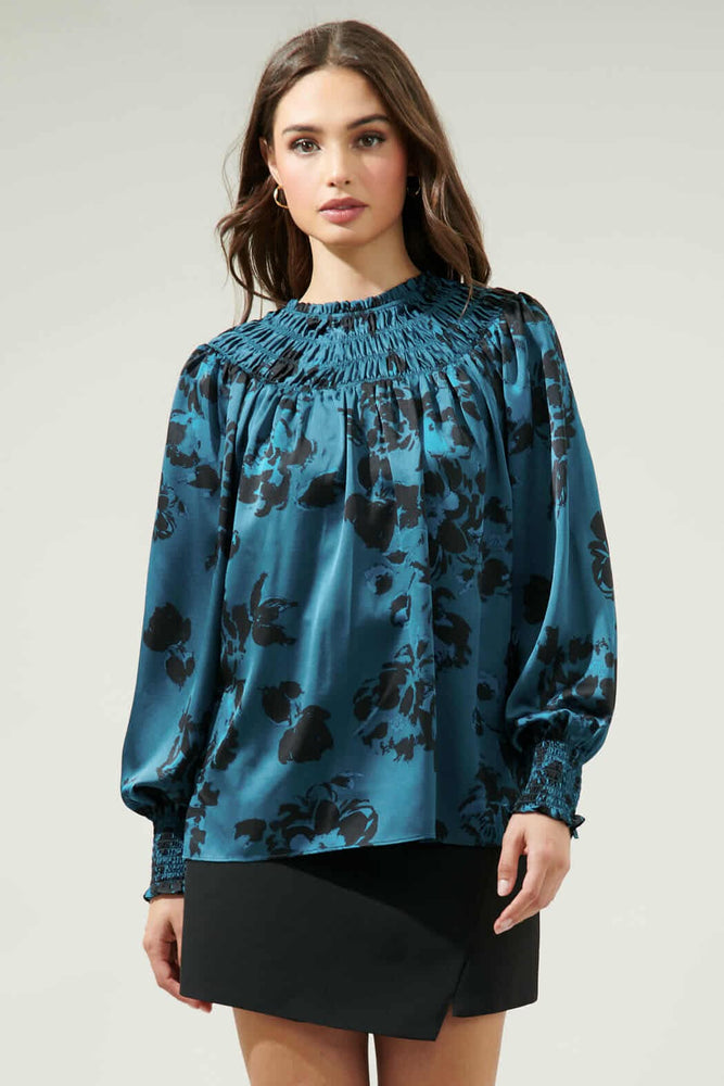 040925 Spring Teal Black Florals V Mock Neck Smock Blouse
