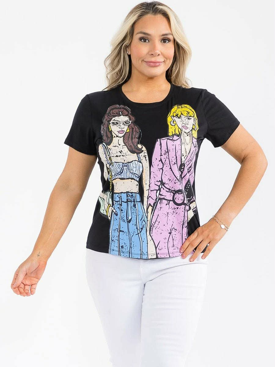 021226 Black Photography Rhinstone Print Graphic Top