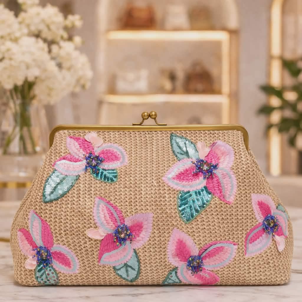 Grace Raffia Oversized Kiss Lock Clutch with Floral Embroidery-Playful Petals