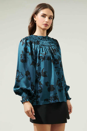 040925 Spring Teal Black Florals V Mock Neck Smock Blouse