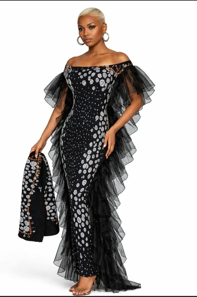 041626 Black Off-shoulder Printed Ruffle Dress  PREORDER