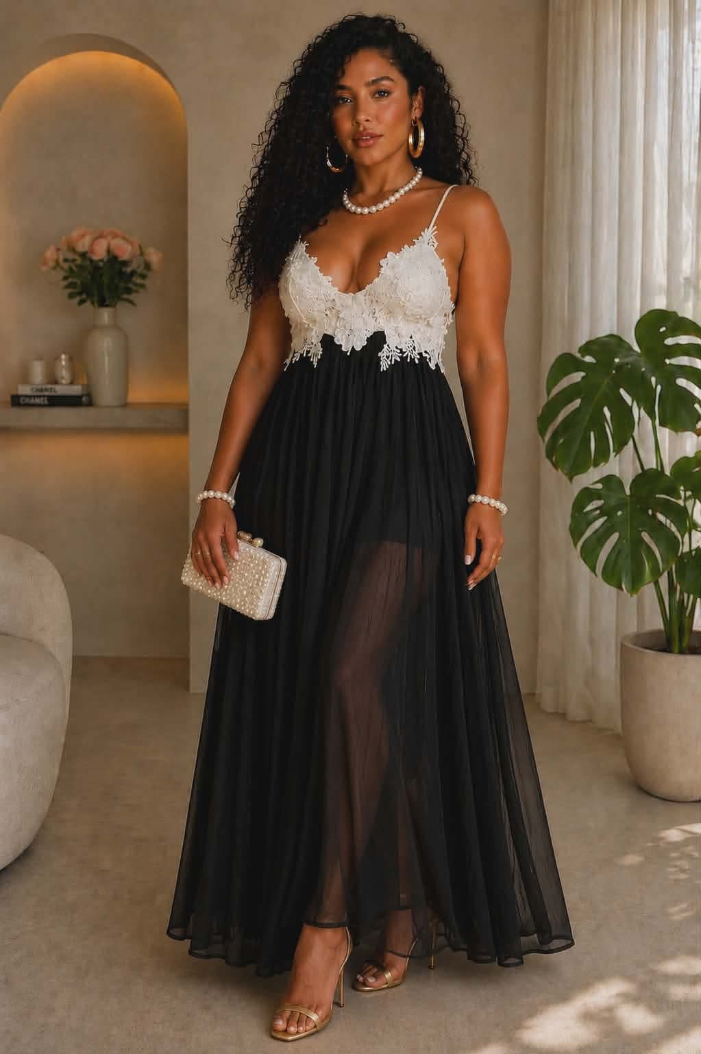062725 Black & White Crochet Top Details Sleeveless Maxi Dress