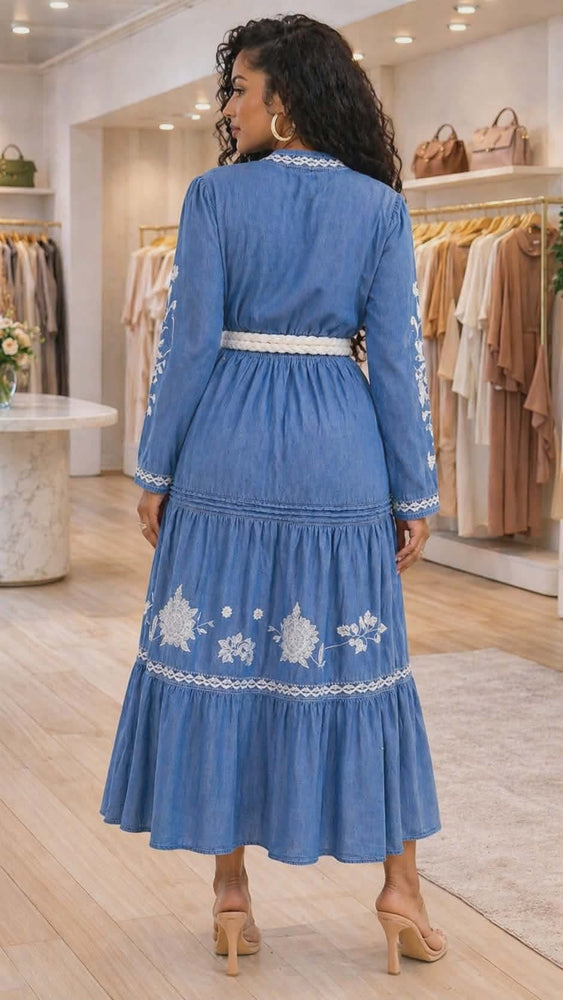 012225 Soft Denim Set Skirt And Long Sleeve Blouse.