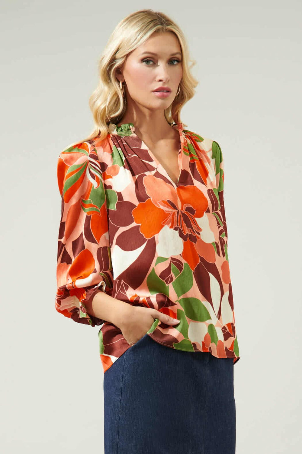040925 Spring Peach Florals Ruffle V Neck Long Sleeve  Blouse