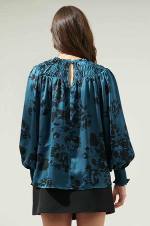 040925 Spring Teal Black Florals V Mock Neck Smock Blouse