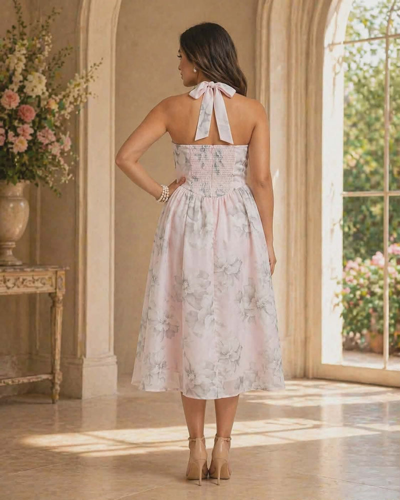 042326 The Pink Watercolor Floral Halter Midi Dress