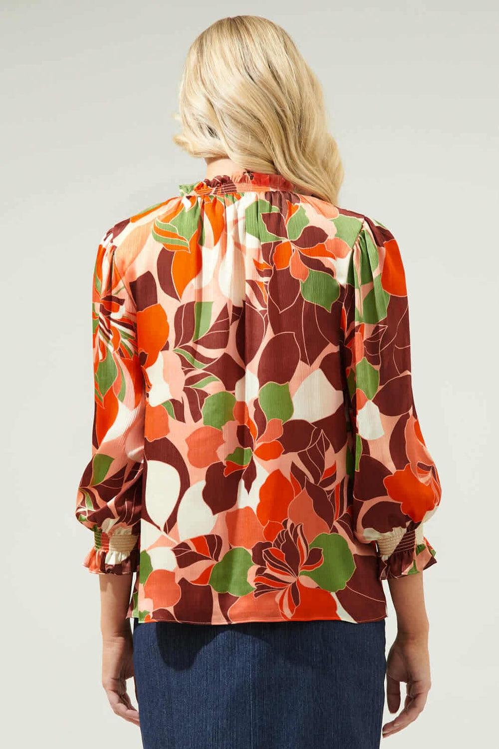 040925 Spring Peach Florals Ruffle V Neck Long Sleeve  Blouse