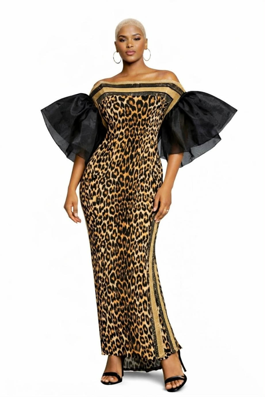 041626 Bold Leopard Print W/ Dramatic Sheer Sleeves Dress