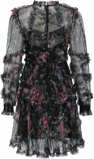 040925 The Black Vintage Florals Tiered Ruffles Mini Dress