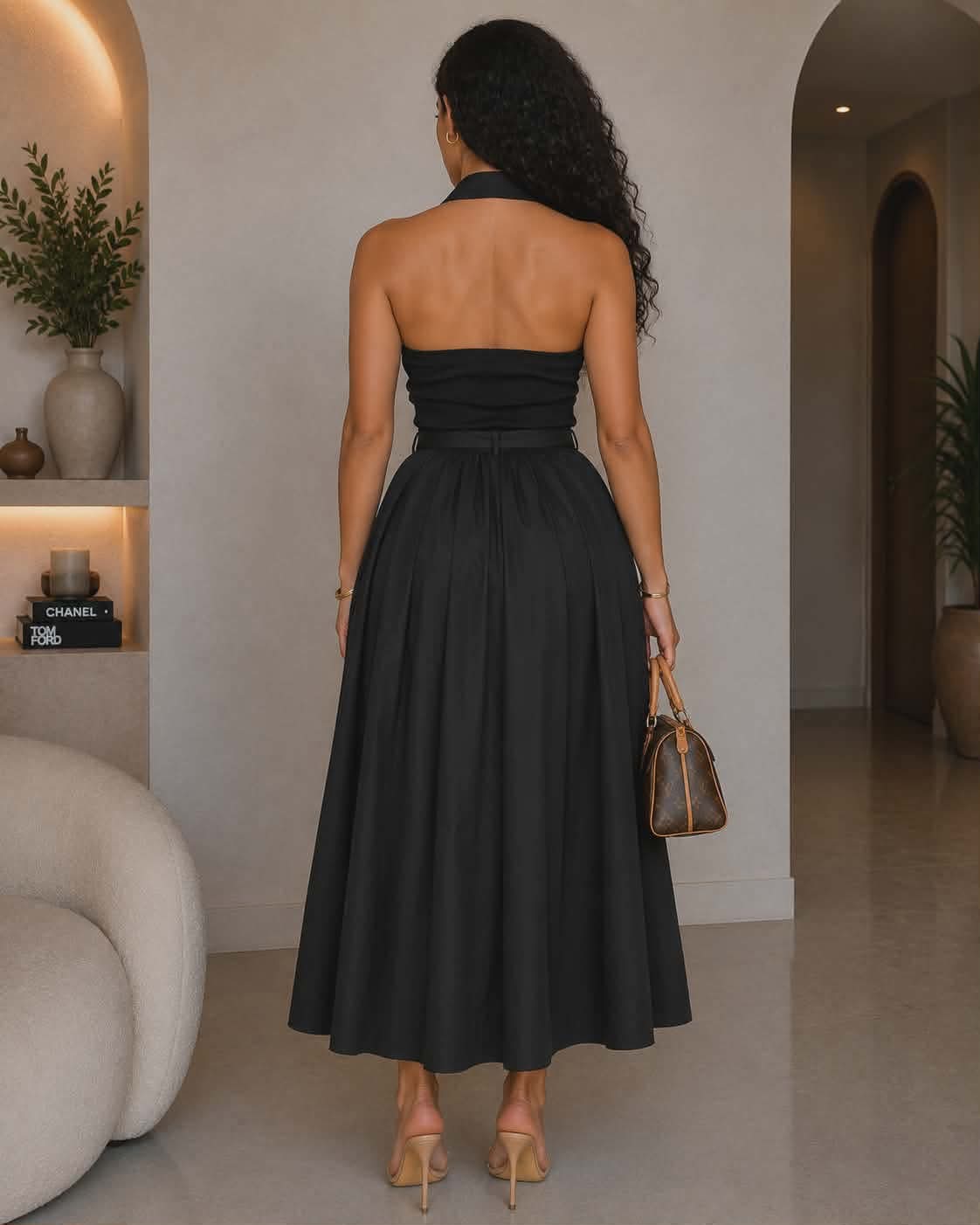 The Black Front Button Down Halter Crop Top And Belted Midi Skirt Set