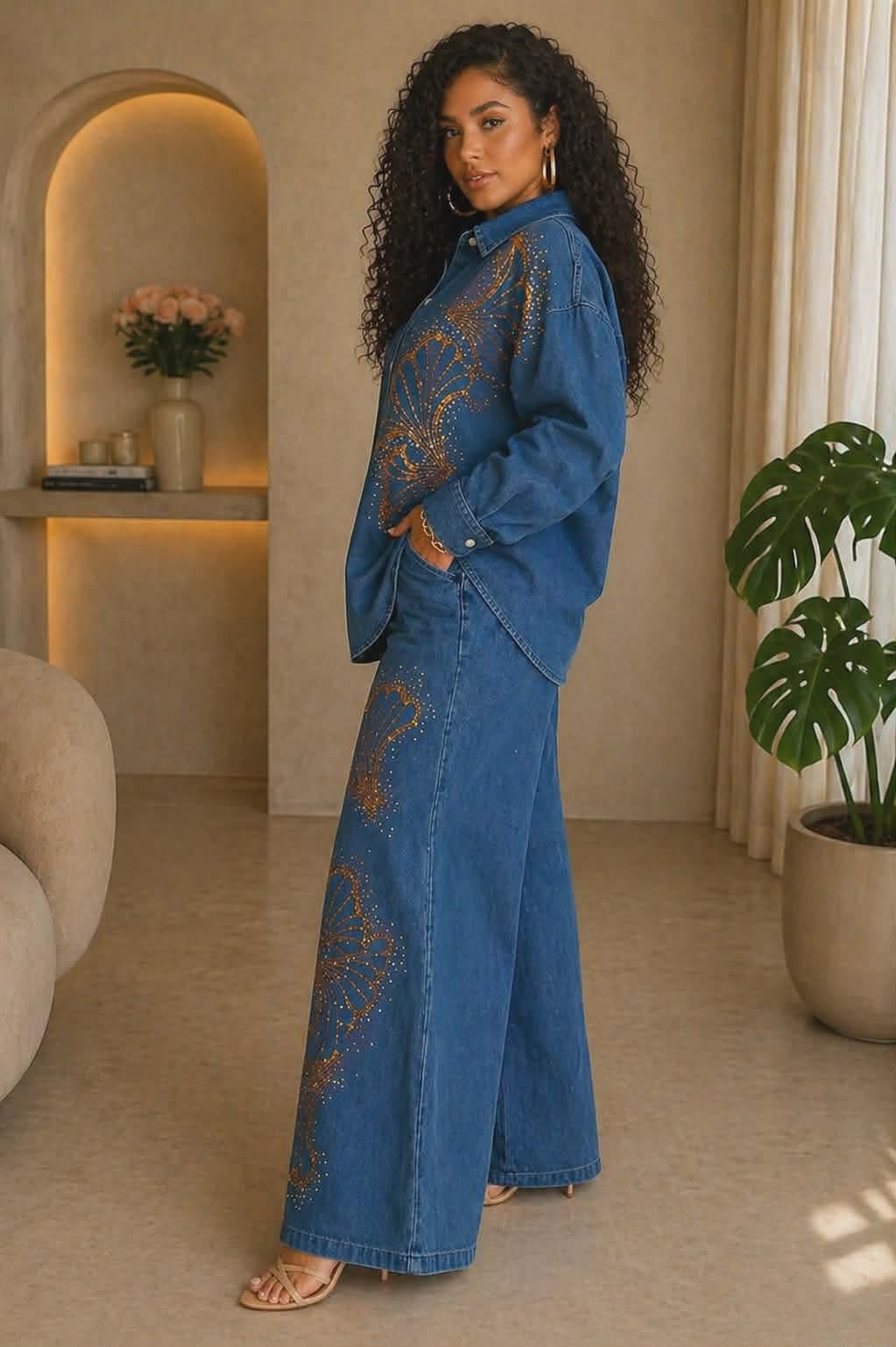 111925 Golden Bloom Long Sleeve Denim Set