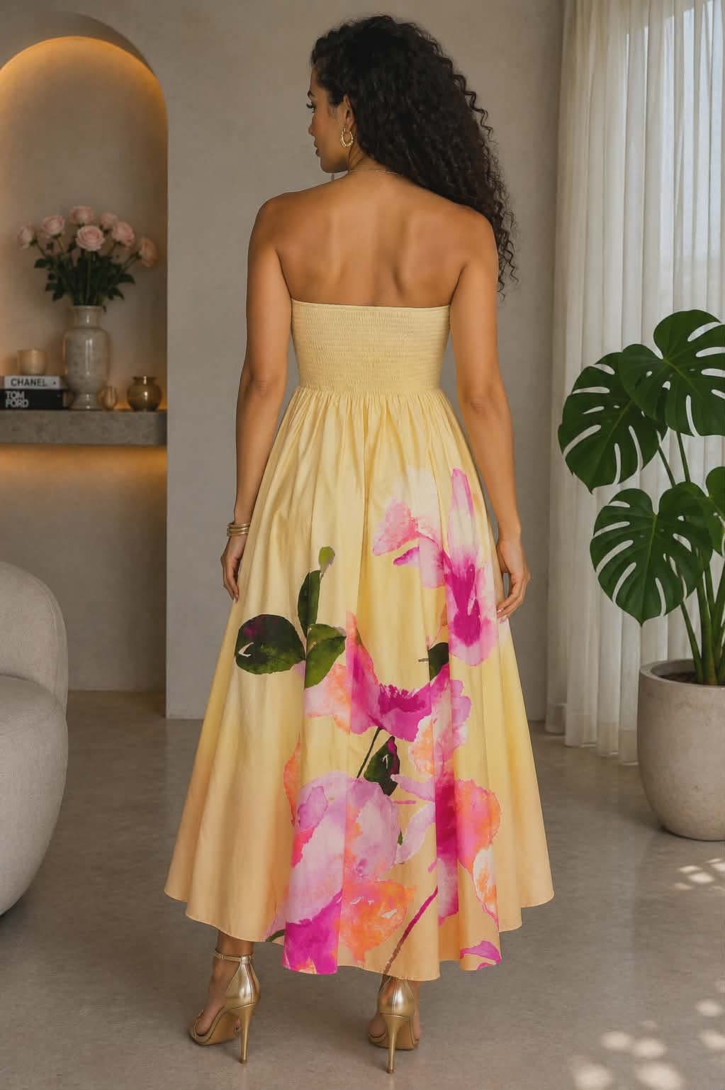 042226 Yellow Garden Strapless Maxi dress