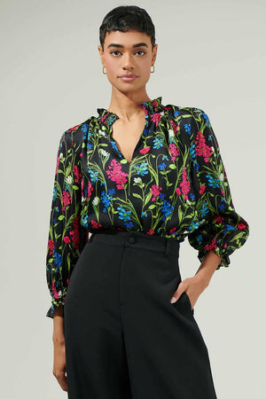 040925 Spring Black Florals V Neck Ruffle Sleeve Blouse
