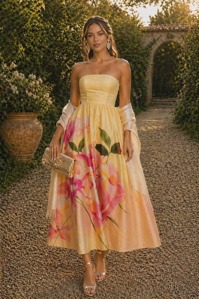 042226 Yellow Garden Strapless Maxi dress