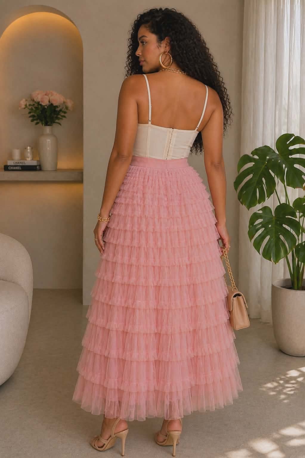 041326 Dusty Rose Cascading Tulle Mesh Tiered Max Skirt- PREORDER