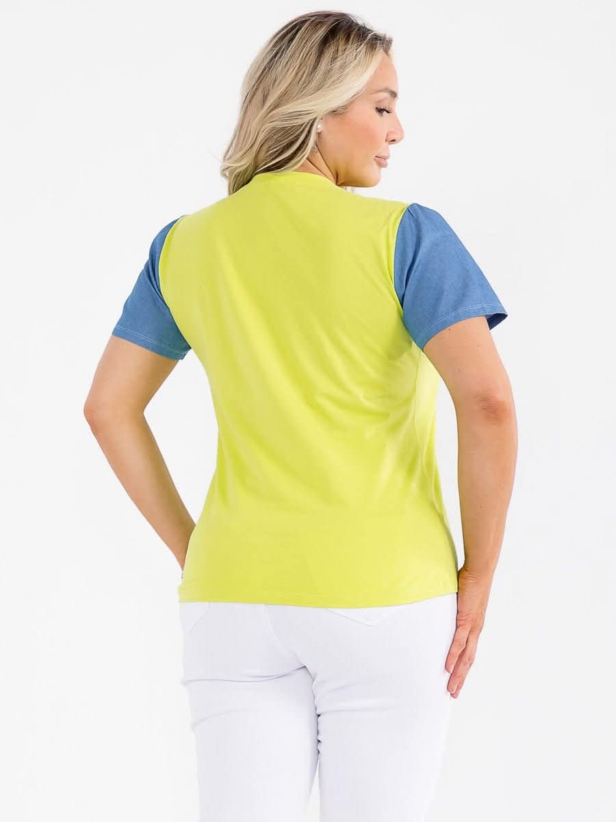 021226 Denim Yellow Fluo Flowers details Graphic Top