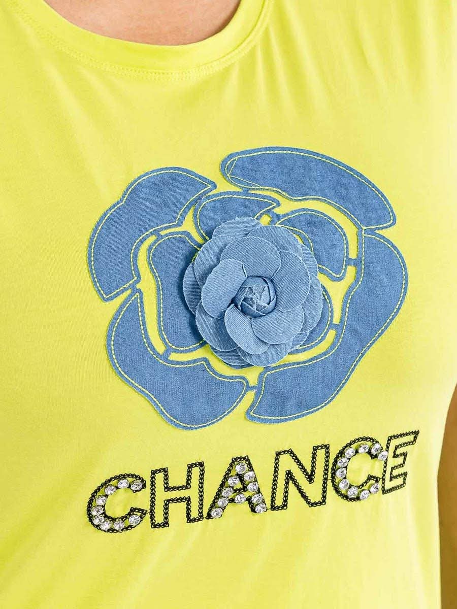 021226 Denim Yellow Fluo Flowers details Graphic Top