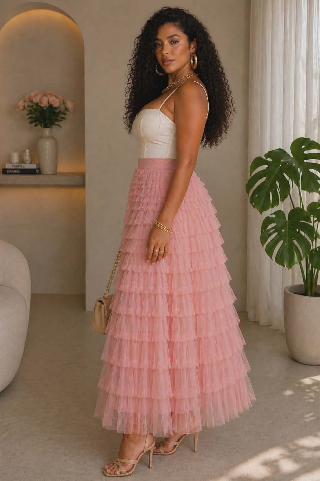 041326 Dusty Rose Cascading Tulle Mesh Tiered Max Skirt- PREORDER