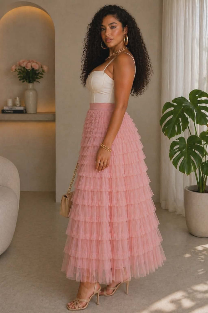 041326 Dusty Rose Cascading Tulle Mesh Tiered Max Skirt- PREORDER