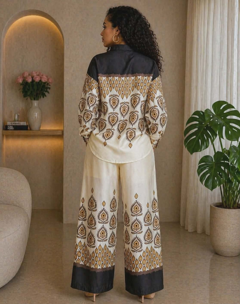 012225 The Brown Graphic Print Shirt And Pants Satin Set
