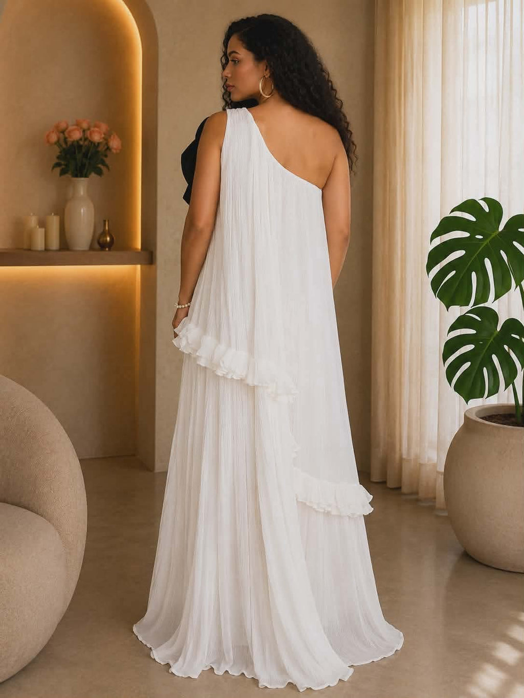 062725 White One Shoulder Sleeveless Tiered w Black Flower Details Maxi Dress