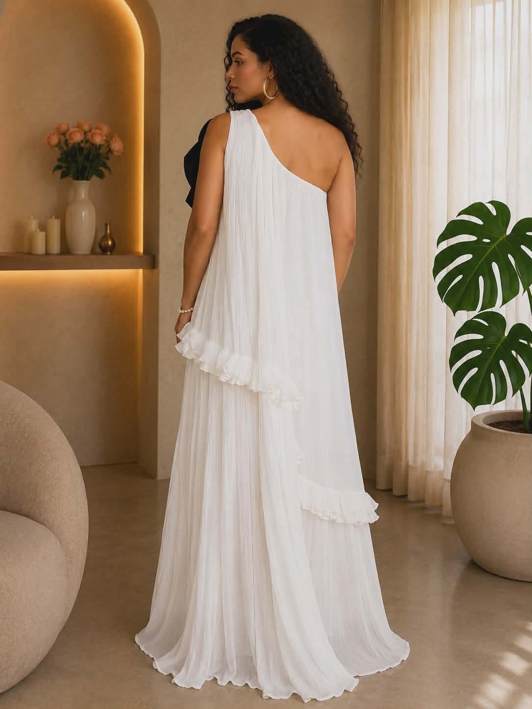 062725 White One Shoulder Sleeveless Tiered w Black Flower Details Maxi Dress