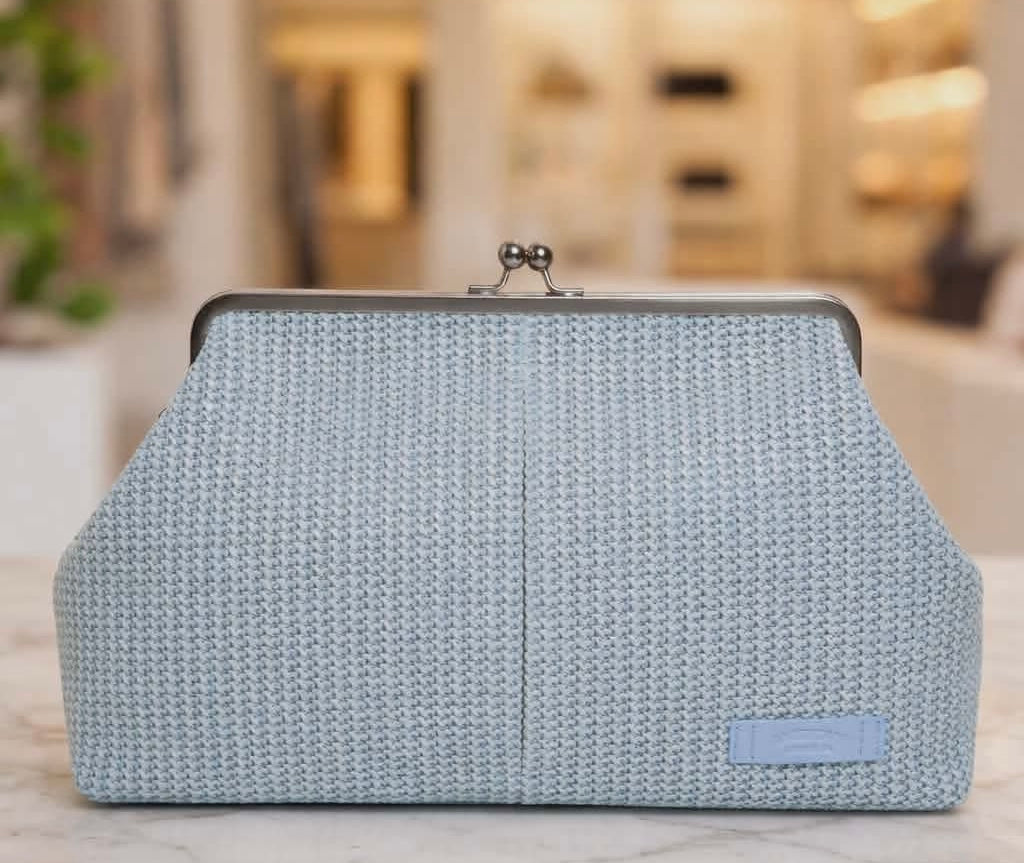 Grace Raffia Oversized Kiss Lock Clutch- Blue Aura Raffia