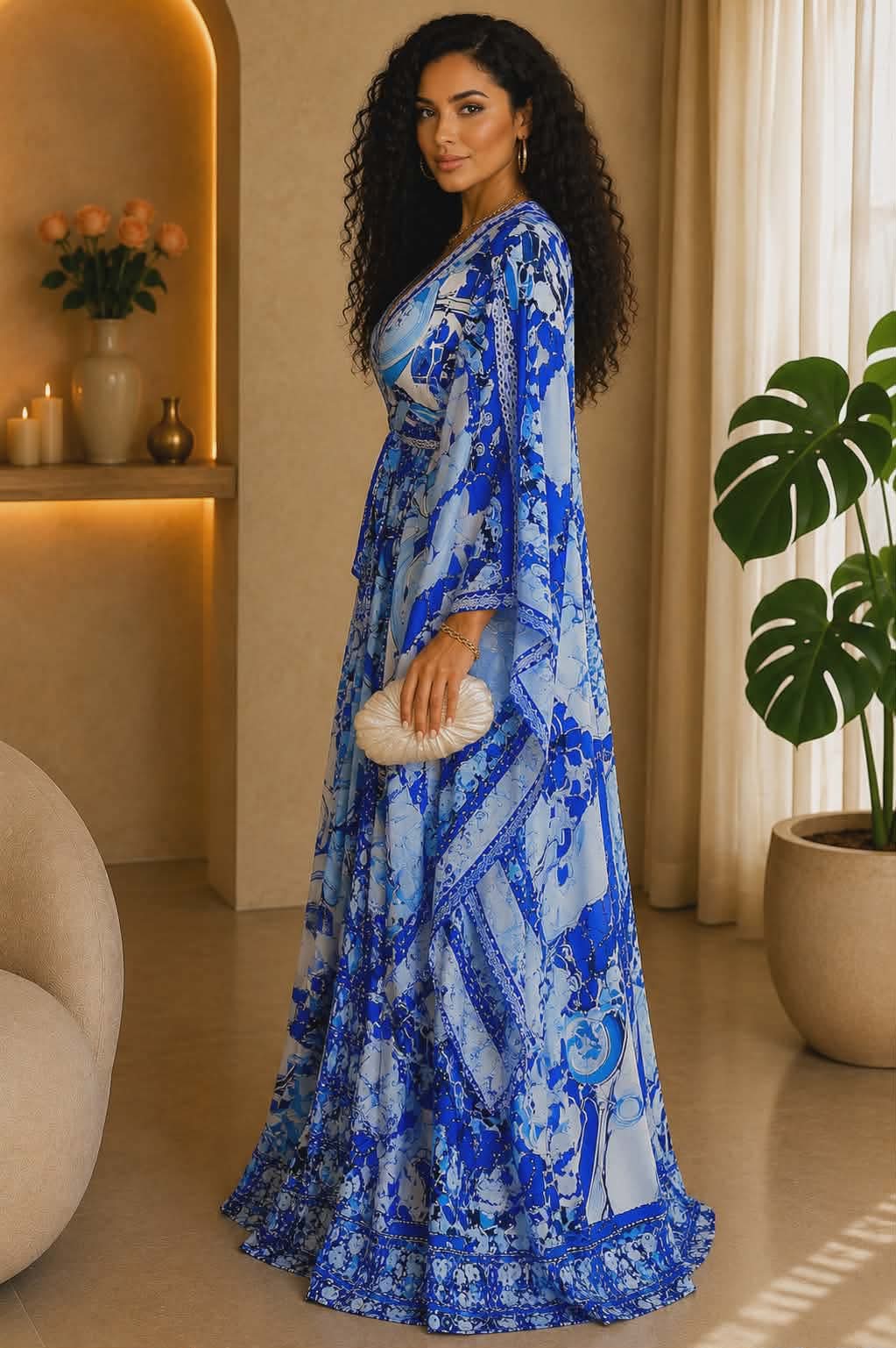 051625 Our Blue Print Unique Kimono Sleeves Maxi Dress
