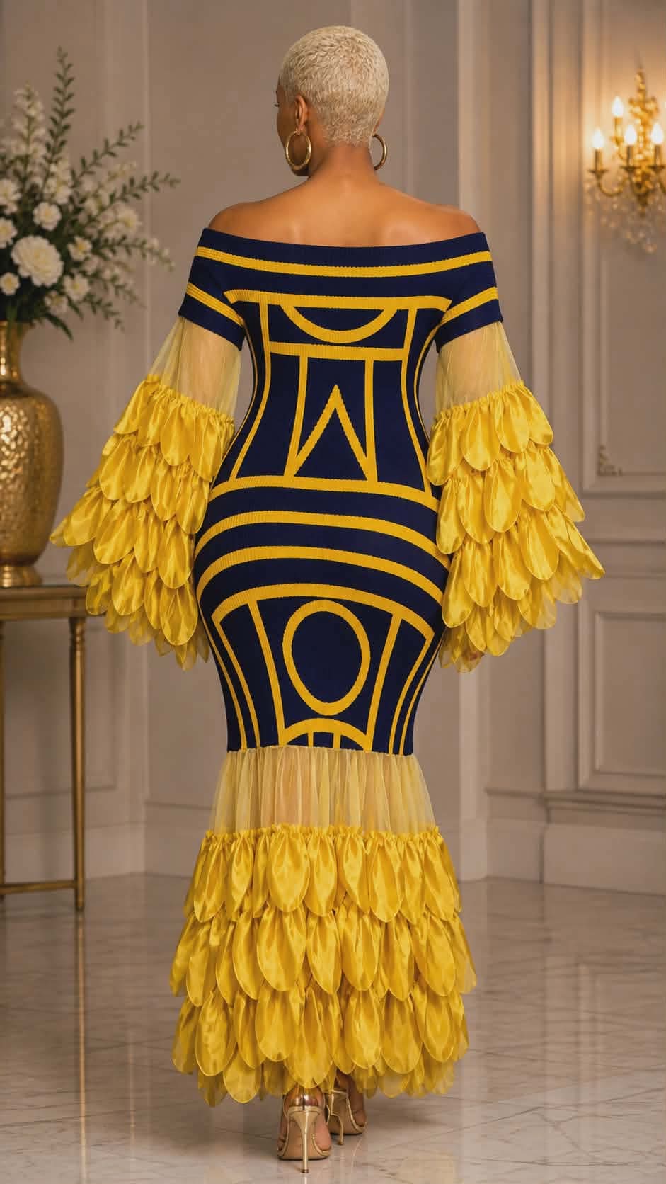 041626 Yellow & Navy Elegant Statement Ruffles Maxi Dress