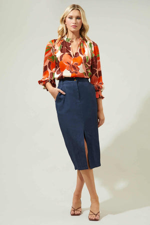 040925 Spring Peach Florals Ruffle V Neck Long Sleeve  Blouse