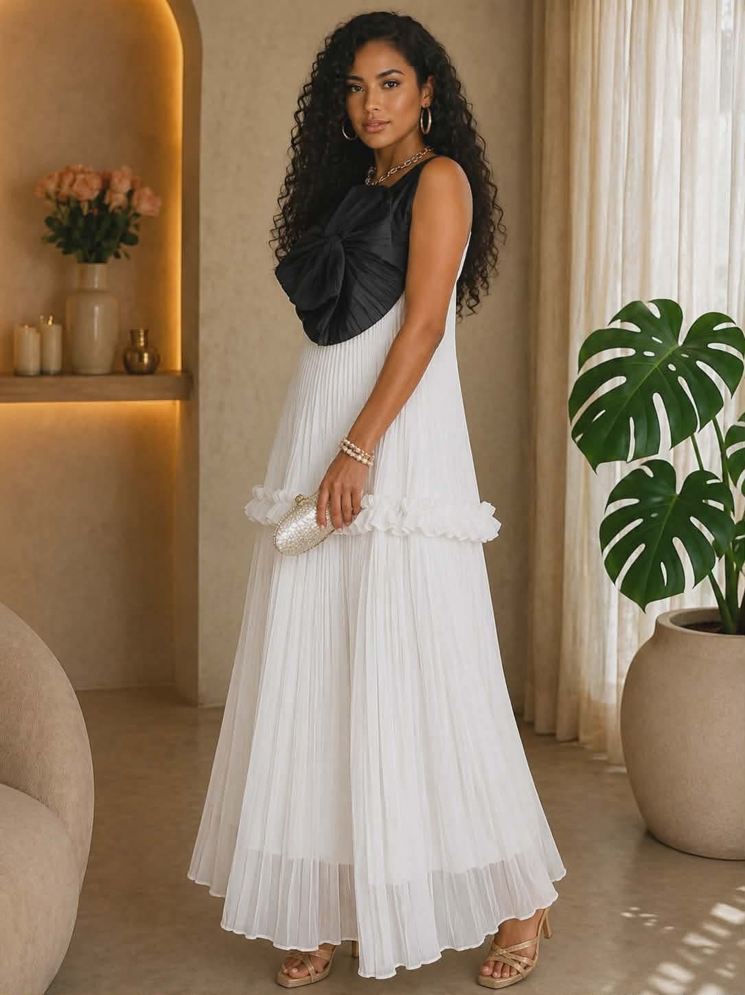 062725 White One Shoulder Sleeveless Tiered w Black Flower Details Maxi Dress