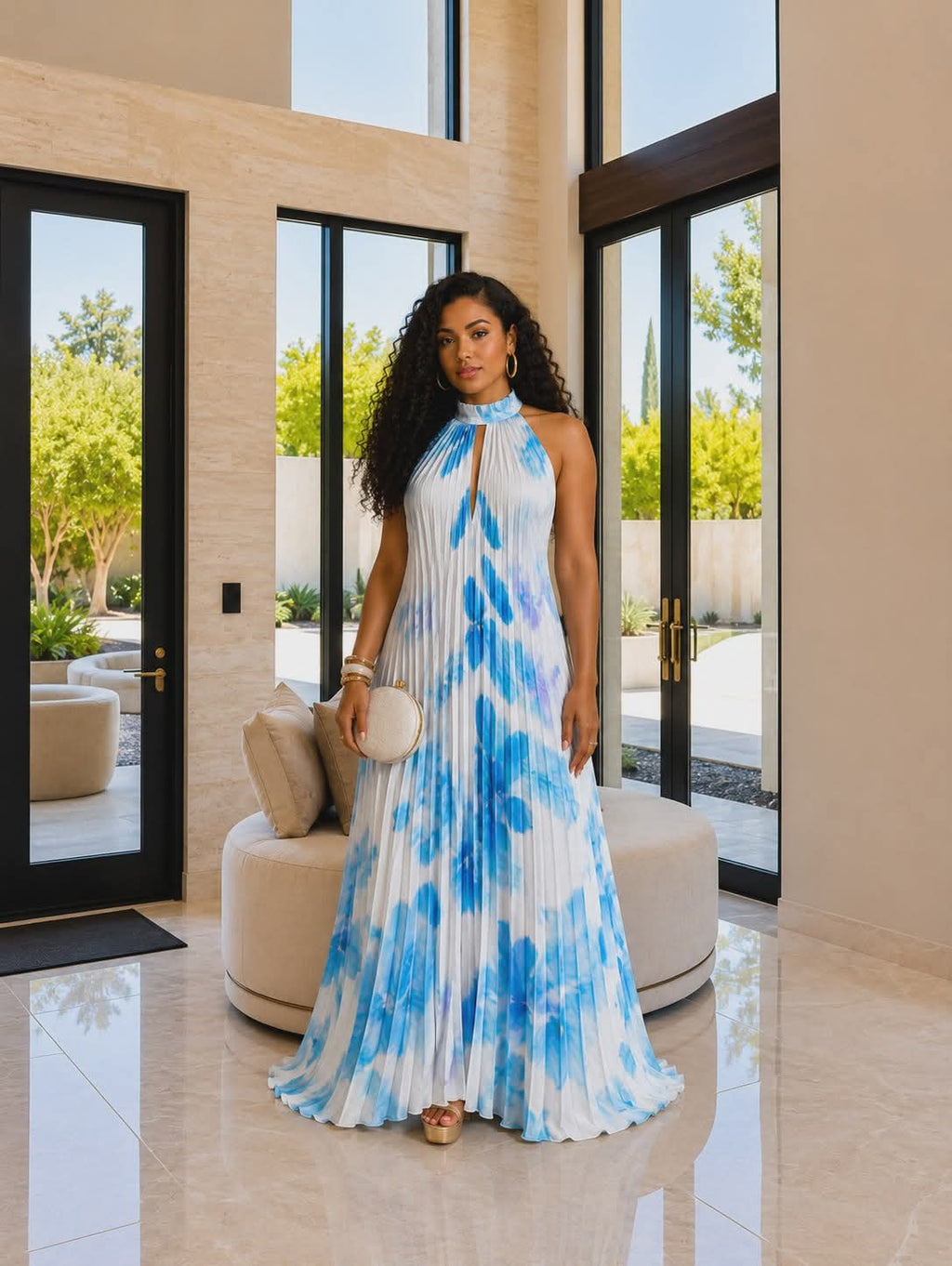 020525 The Blue Tie Dye Pleated Key Hole Open Back Maxi Dress