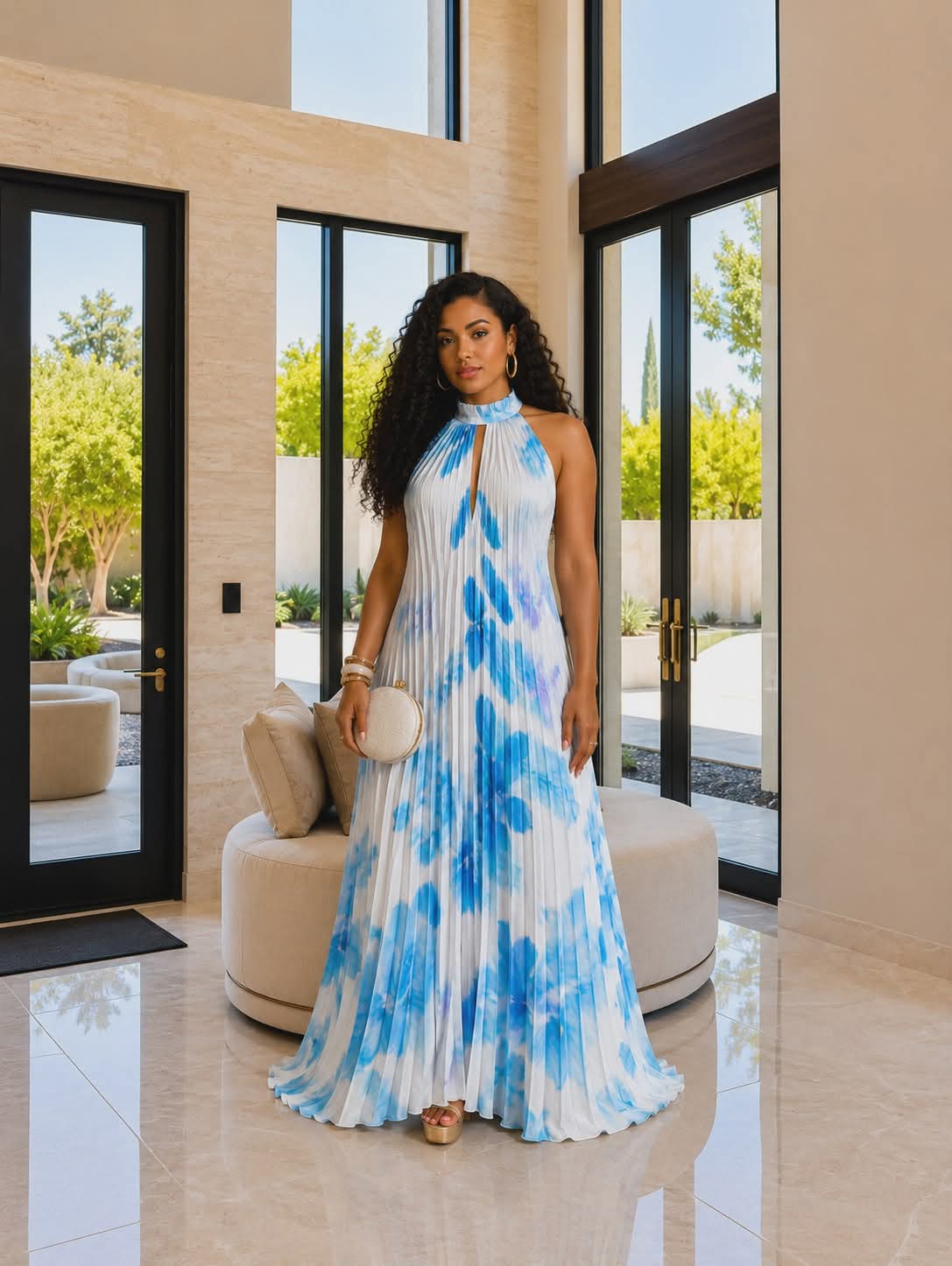 020525 The Blue Tie Dye Pleated Key Hole Open Back Maxi Dress